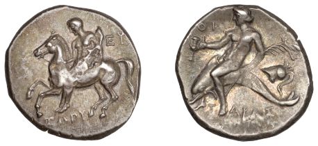 Greek Coinages, Calabria, Tarentum, Nomos, 280-272, youth on horseback left, ÎµÏ… behind, iÏ‰Ï€Ï…...