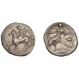 Greek Coinages, Calabria, Tarentum, Nomos, 280-272, youth on horseback left, ÎµÏ… behind, iÏ‰Ï€Ï…...