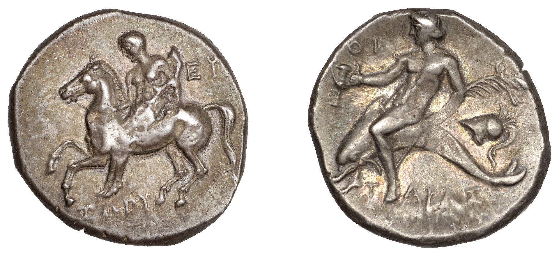 Greek Coinages, Calabria, Tarentum, Nomos, 280-272, youth on horseback left, ÎµÏ… behind, iÏ‰Ï€Ï…...