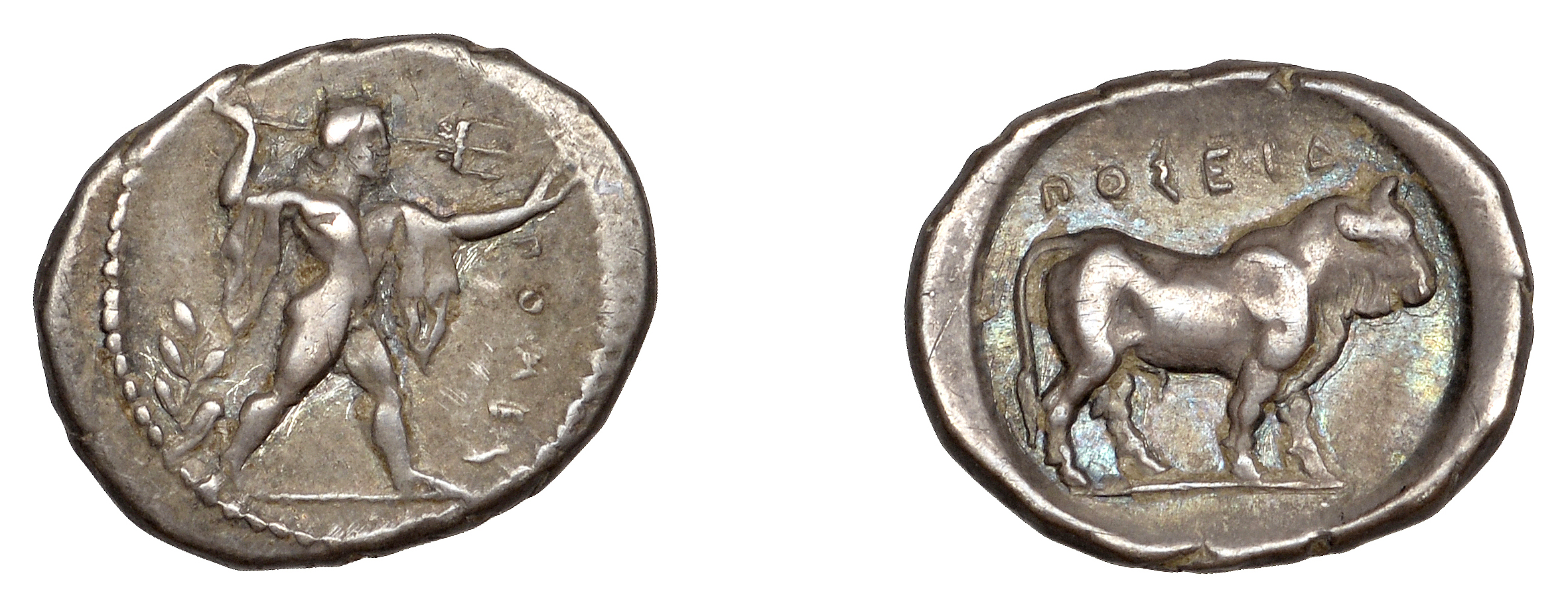 Greek Coinages, Northern Lucania, Poseidonia, Diobol, c. 410-350, Ï€Î¿Î¼Îµs, Poseidon standing r...