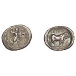 Greek Coinages, Northern Lucania, Poseidonia, Diobol, c. 410-350, Ï€Î¿Î¼Îµs, Poseidon standing r...