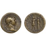 Trajan, Sestertius, 107-110, laureate bust right, draped over far shoulder, rev. Trajan stan...