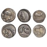 Greek Coinages, Calabria, Tarentum, Nomos, 470-465, dolphin-rider right, arms outstretched,...