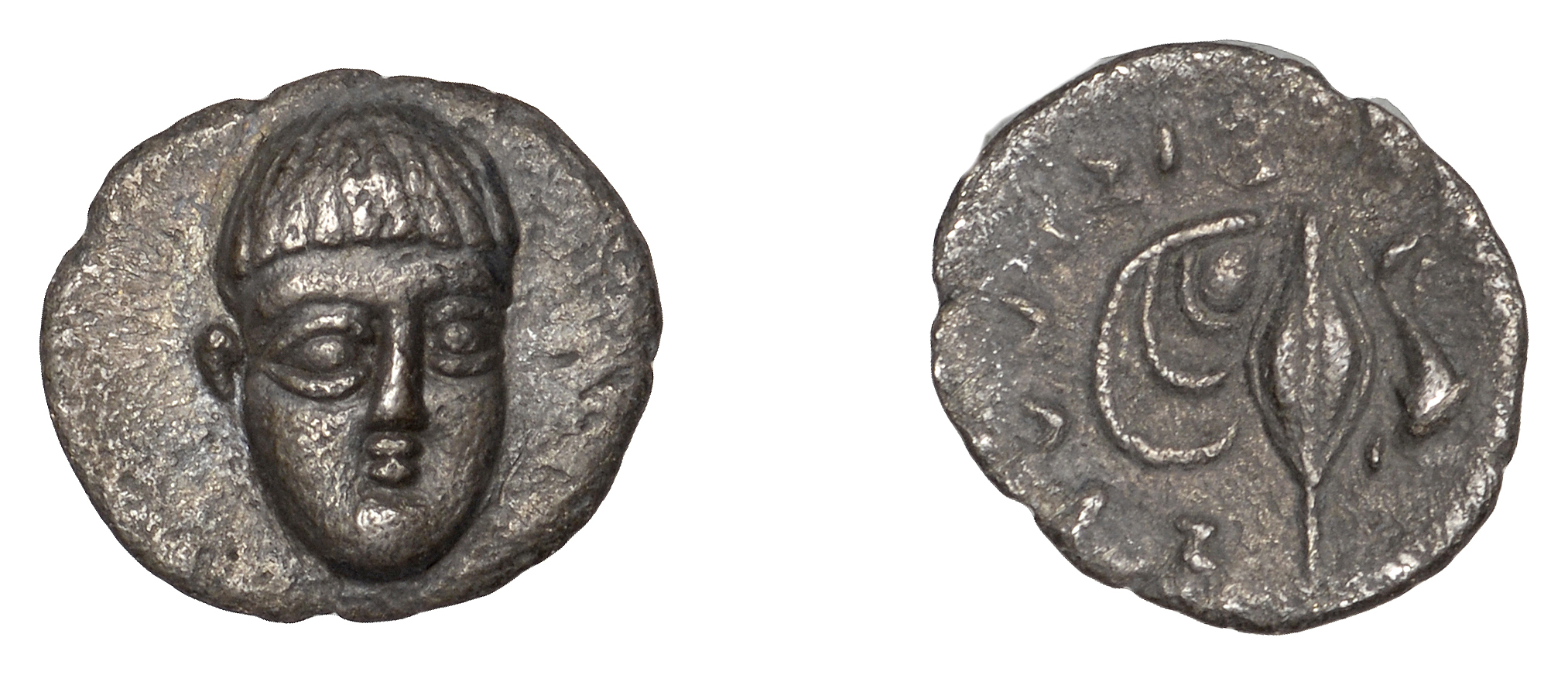 Greek Coinages, Campania, Phistelia, Obol, 325-275, male head facing slightly right, rev. do...