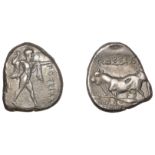 Greek Coinages, Northern Lucania, Poseidonia, Nomos, c. 420-410, Ï€Î¿ÏƒÎµÎ¹Î´Î±, Poseidon standing..