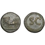 Tiberius, Sestertius, 35-36, empty triumphal quadriga right, car decorated with scene of Vic...