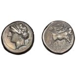 Greek Coinages, Campania, Neapolis, Nomos, 275-250, head of nymph left, cornucopia behind, r...