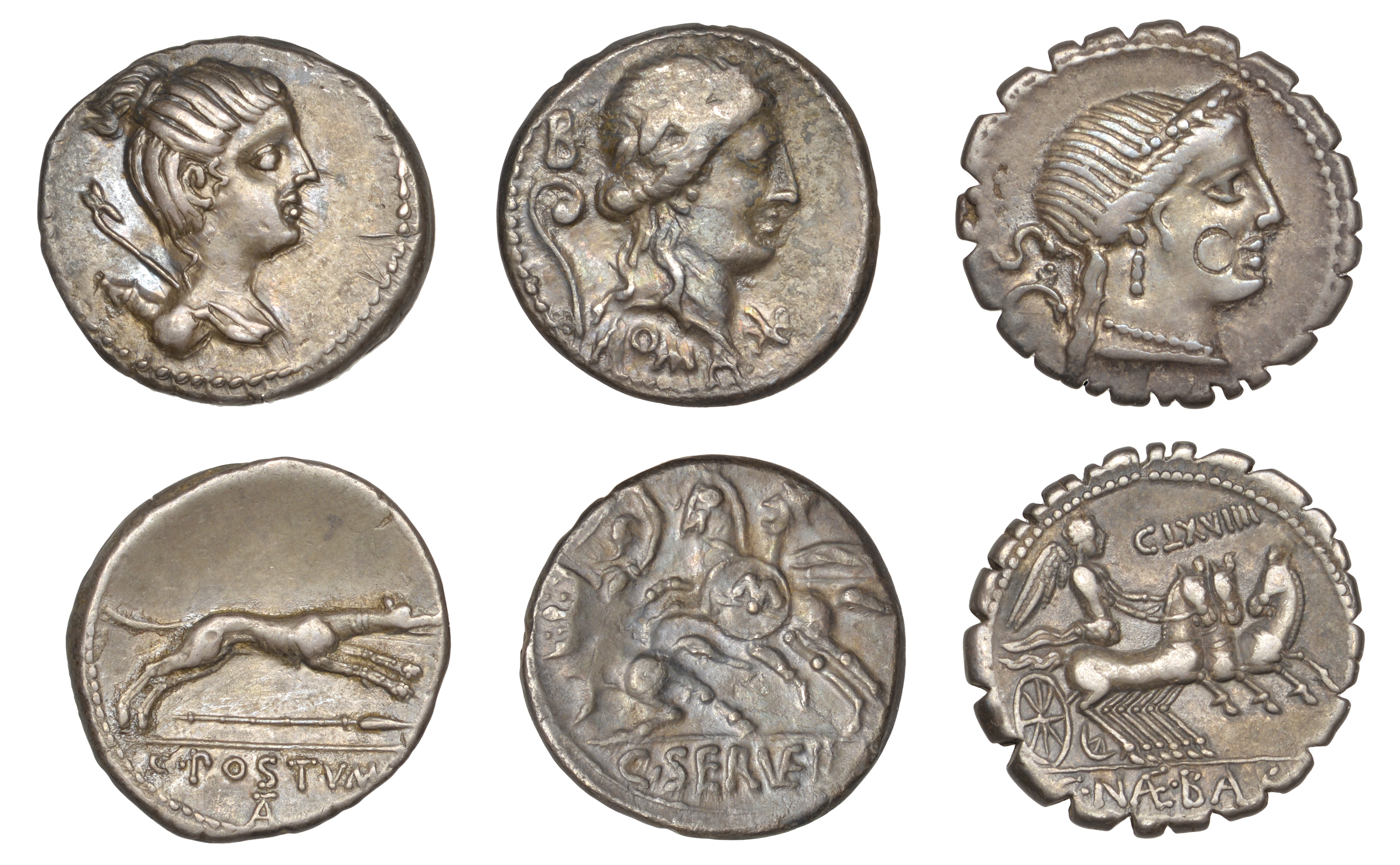 C. Servilius Vatia, Denarius, c. 82-80, head of Roma right, lituus and b behind, rev. horsem...