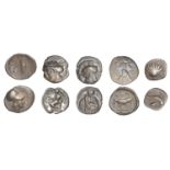 Greek Coinages, Calabria, Tarentum, Diobol, 325-280, head of Athena right wearing crested he...