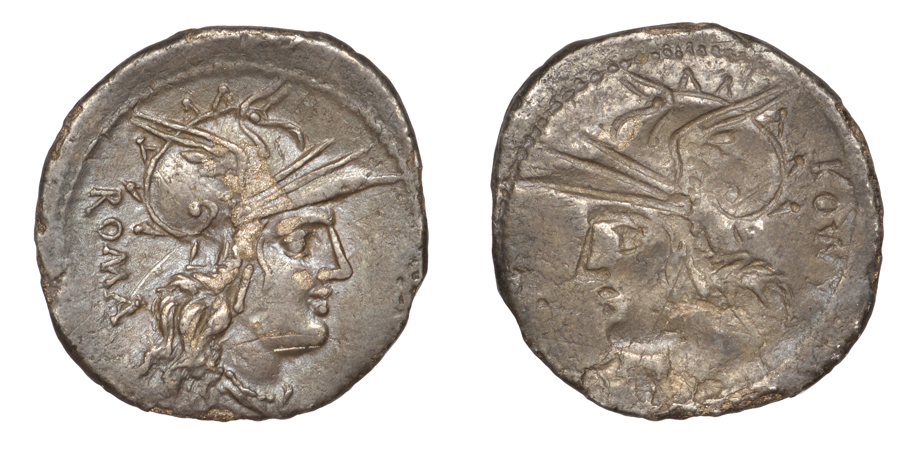 Anonymous, Denarius, head of Roma right wearing winged helmet, 3.65g. An obverse brockage; s...