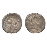 Anonymous, Denarius, head of Roma right wearing winged helmet, 3.65g. An obverse brockage; s...