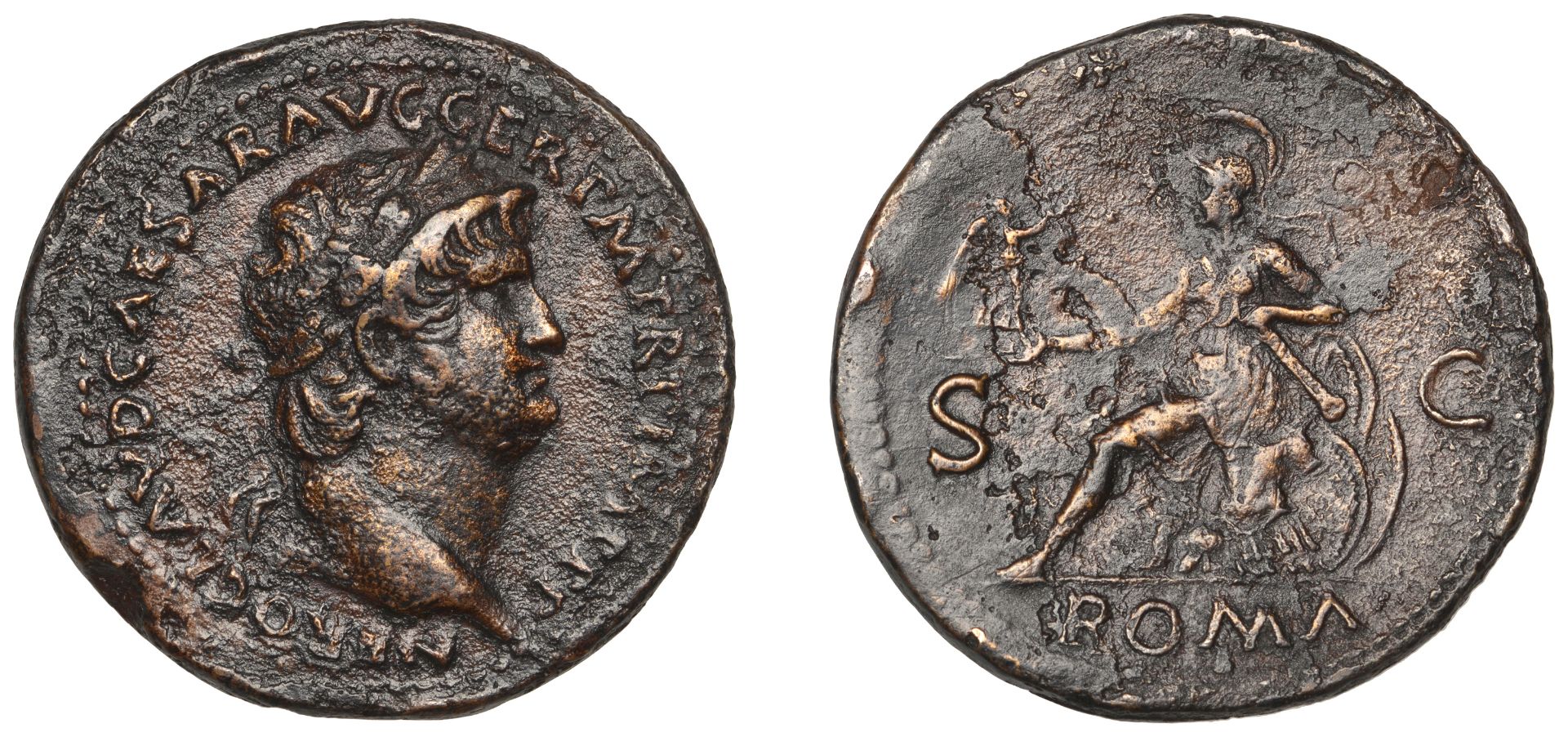 Nero, Sestertius, Rome, 66, laureate bust right, rev. Roma seated left on cuirass, holding V...