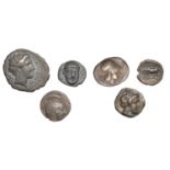 Greek Coinages, Campania, Phistelia, Obol, 325-275, male head facing slightly right, rev. do...