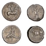 Greek Coinages, Calabria, Tarentum, Nomos, 280-272, warrior on horseback right, preparing to...