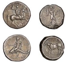 Greek Coinages, Calabria, Tarentum, Nomos, 280-272, warrior on horseback right, preparing to...