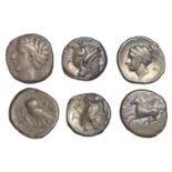 Greek Coinages, Calabria, Tarentum, Drachm, 302-280, helmeted head of Athena right, rev. owl...