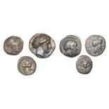 Greek Coinages, Calabria, Tarentum, Diobol, 280-228, head of Athena right wearing crested he...
