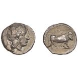 Greek Coinages, Campania, Nola, Nomos, 400-385, head of Athena right wearing crested helmete...