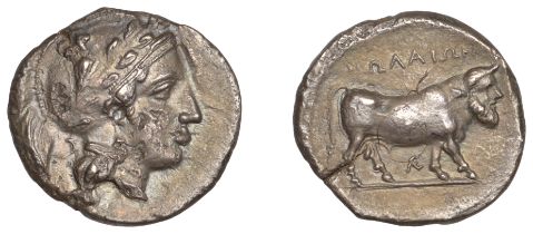 Greek Coinages, Campania, Nola, Nomos, 400-385, head of Athena right wearing crested helmete...