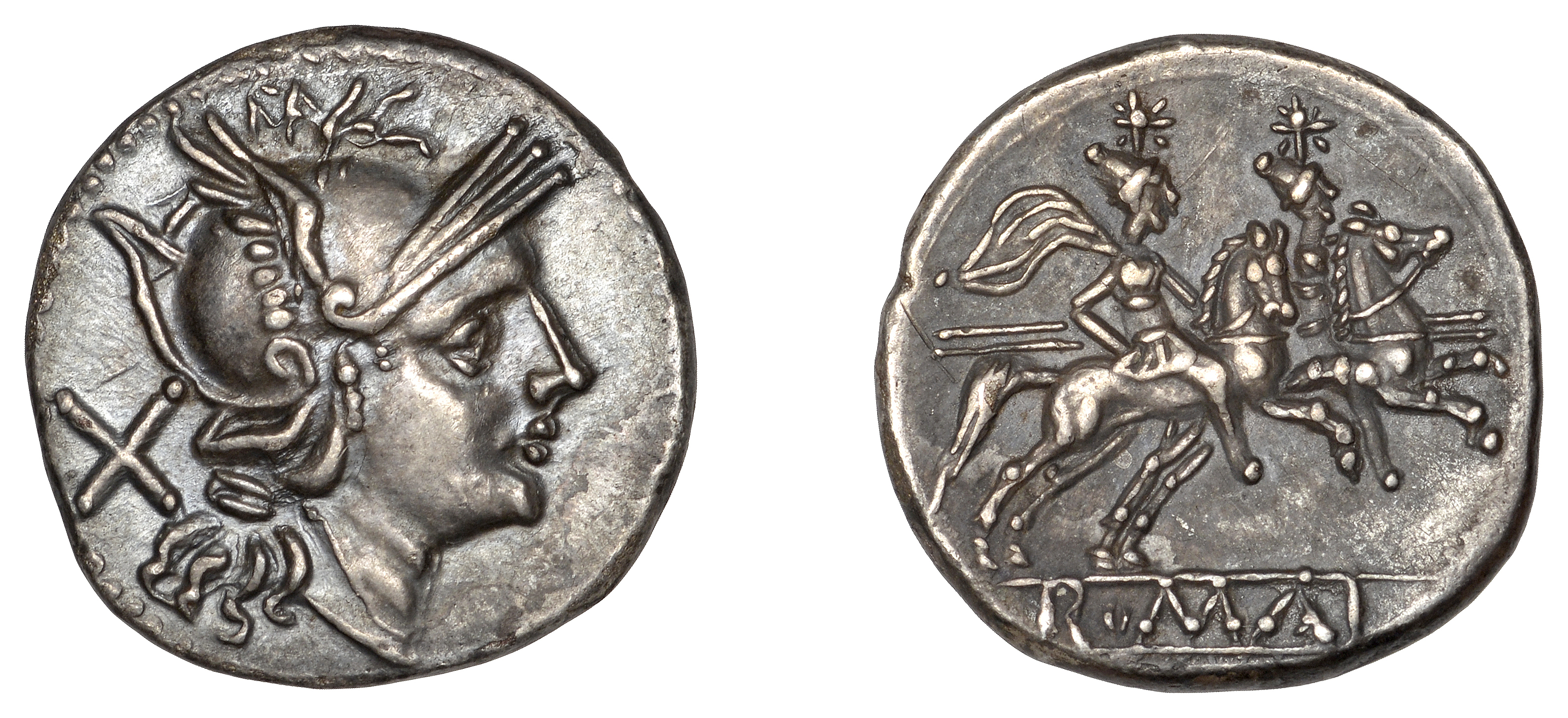 Anonymous, Denarius, 211-208, head of Roma right wearing winged helmet, rev. Dioscuri riding...