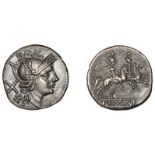 Anonymous, Denarius, 211-208, head of Roma right wearing winged helmet, rev. Dioscuri riding...