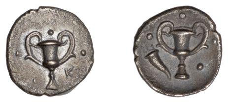 Greek Coinages, Calabria, Tarentum, Obol, 280-228, kantharos, pellets around, k to bottom ri...