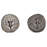 Greek Coinages, Calabria, Tarentum, Obol, 280-228, kantharos, pellets around, k to bottom ri...