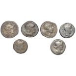 Anonymous, Denarius, 211-208, head of Roma right wearing winged helmet, rev. Dioscuri riding...