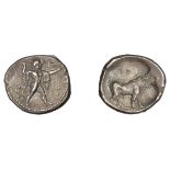 Greek Coinages, Northern Lucania, Poseidonia, Diobol, c. 410-350, Ï€Î¿Î¼Îµs, Poseidon standing r...