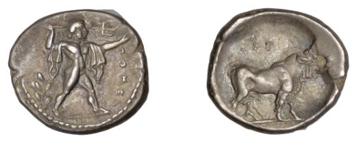 Greek Coinages, Northern Lucania, Poseidonia, Diobol, c. 410-350, Ï€Î¿Î¼Îµs, Poseidon standing r...