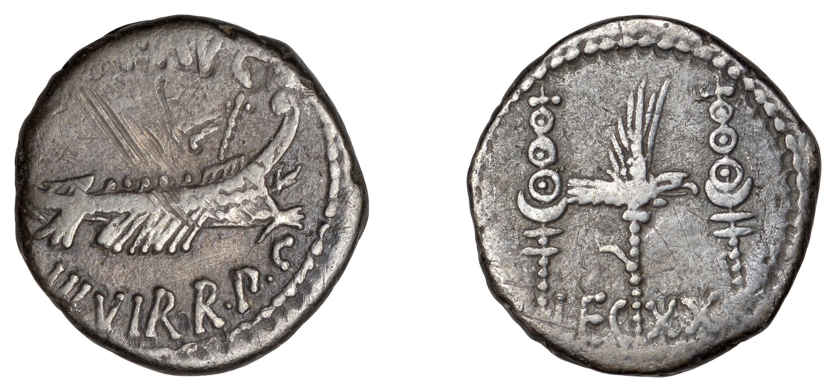 Mark Antony, Denarius, Patrae?, 32-31, galley right, rev. leg xx, legionary eagle between tw...