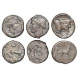 Greek Coinages, Sicily, Gela, Tetradrachm, 430-425, charioteer driving biga right, rev. fore...