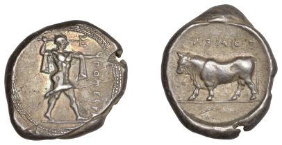 Greek Coinages, Northern Lucania, Poseidonia, Nomos, c. 445-420, Ï€Î¿mÎµsÎ´Î±, Poseidon standing...