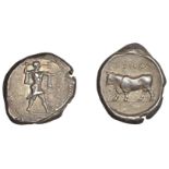 Greek Coinages, Northern Lucania, Poseidonia, Nomos, c. 445-420, Ï€Î¿mÎµsÎ´Î±, Poseidon standing...