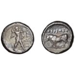 Greek Coinages, Northern Lucania, Poseidonia, Nomos, c. 445-420, Ï€Î¿Î¼Îµs, Poseidon standing ri...