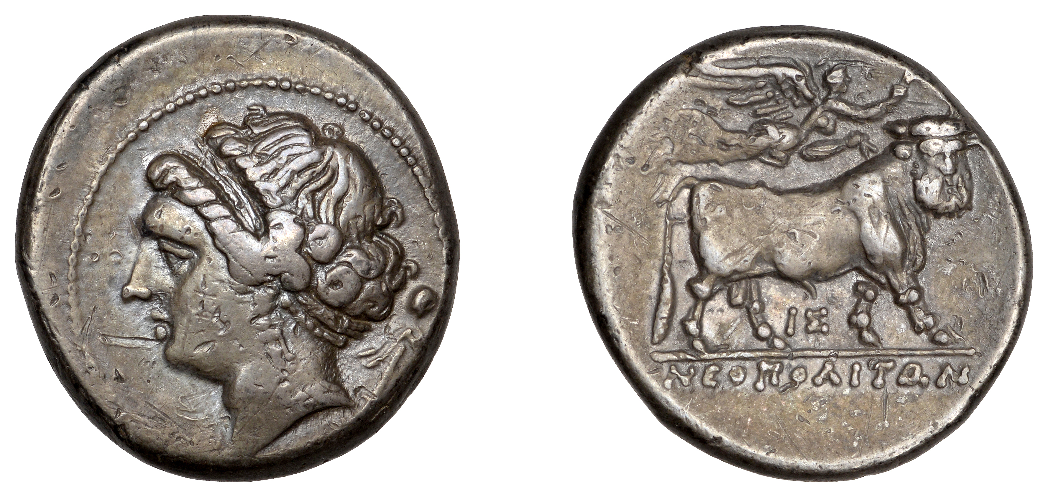 Greek Coinages, Campania, Neapolis, Nomos, 275-250, head of nymph left, cornucopia behind, r...