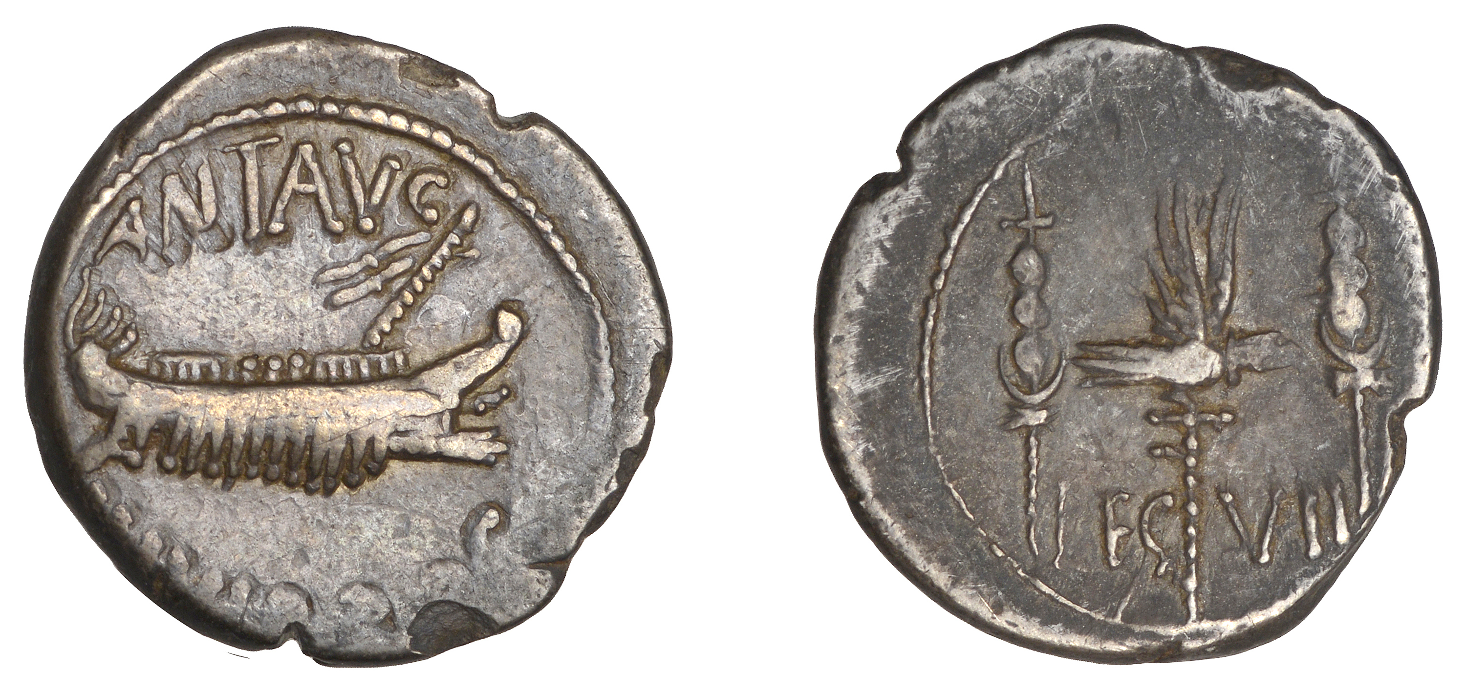 Mark Antony, Denarius, Patrae?, 32-31, galley right, rev. leg vii, legionary eagle between t...