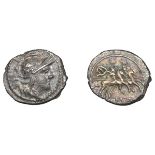 Anonymous, silver Sestertius, c. 211-208, helmeted head of Roma right, ii s behind, rev. Dio...