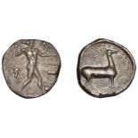 Greek Coinages, Bruttium, Kaulonia, Nomos, 475-425, Apollo walking right, bucranium within w...