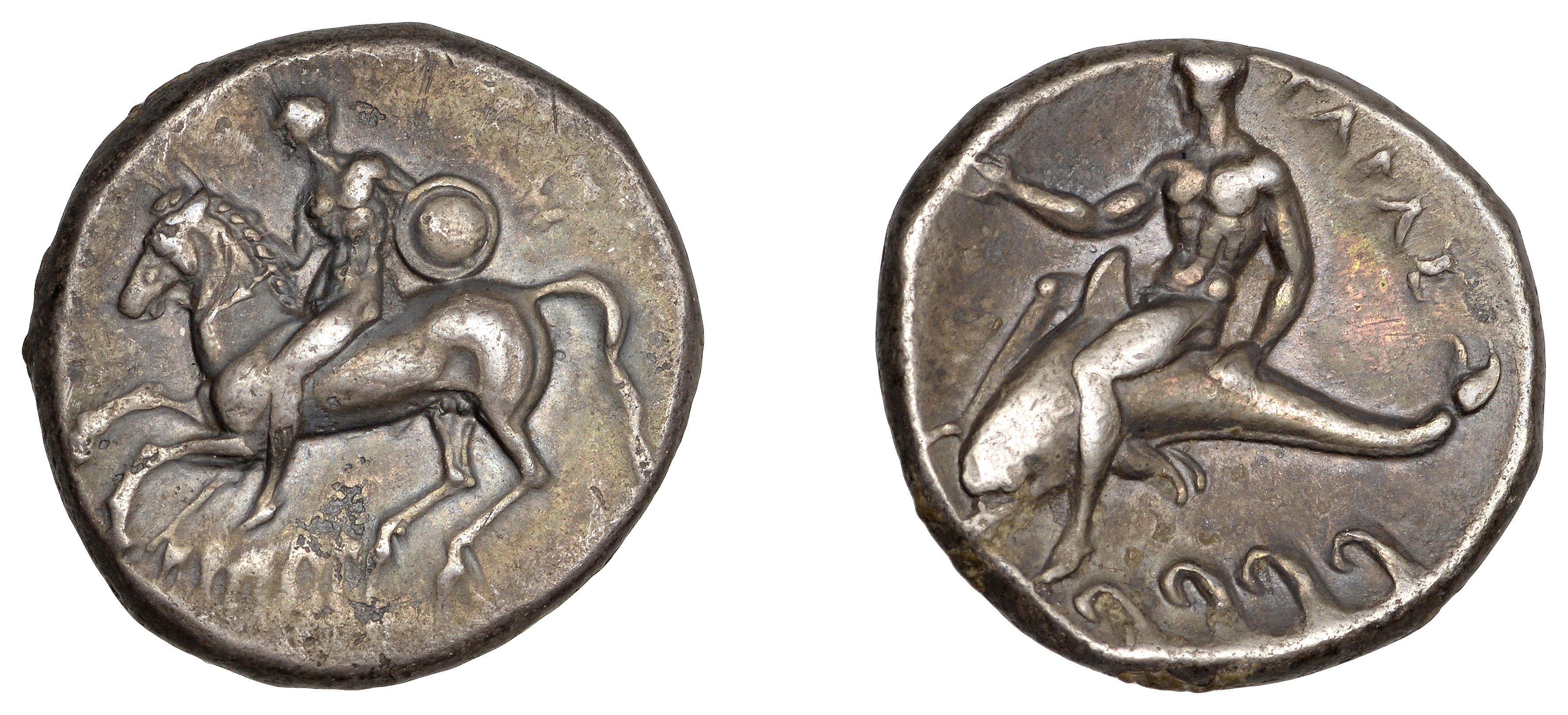 Greek Coinages, Calabria, Tarentum, Nomos, c. 280, youth on horseback left, holding shield,...