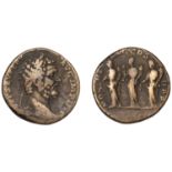 Septimius Severus, Sestertius, Rome, 194, laureate head right, rev. three MonetÃ¦ standing le...