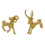 Two South East Asian gold ornaments, realistically modelled as a Ram and Stag, with bead...