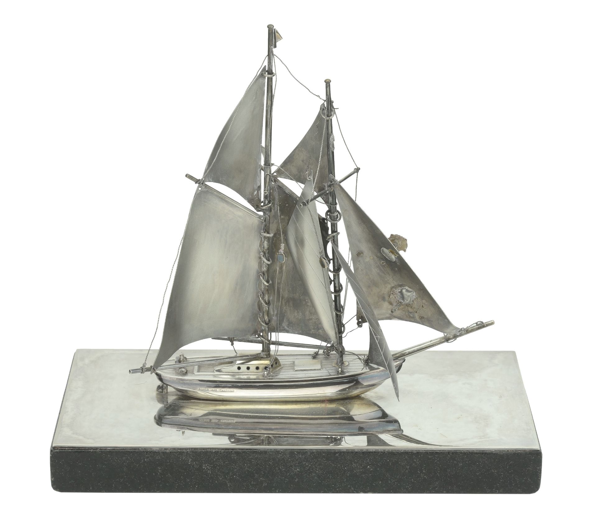 A Japanese silver desk table ornament modelled as a yacht, 20th century, the twin-mas... - Image 2 of 3