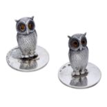 A pair of silver owl menu holders, by Sampson Mordan & Co, Chester 1908, realistical...