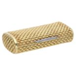 An 18ct gold minaudiÃ¨re, of cushion form and basket weave design, with single-cut diamon...