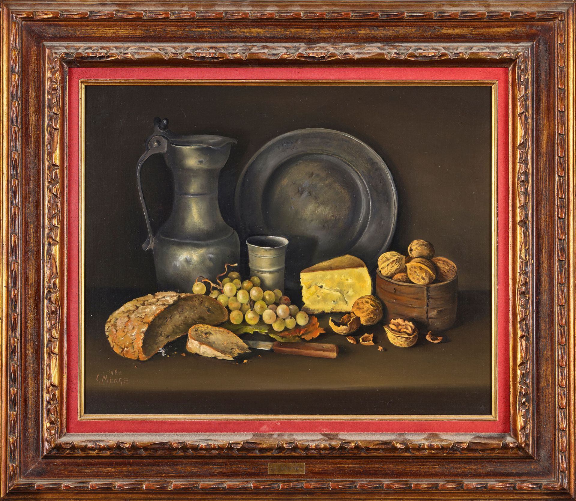 MENGE, CHARLES: Stillleben mit Brot, Käse, Trauben, Nüssen und Zinngeschirr. - Bild 2 aus 2