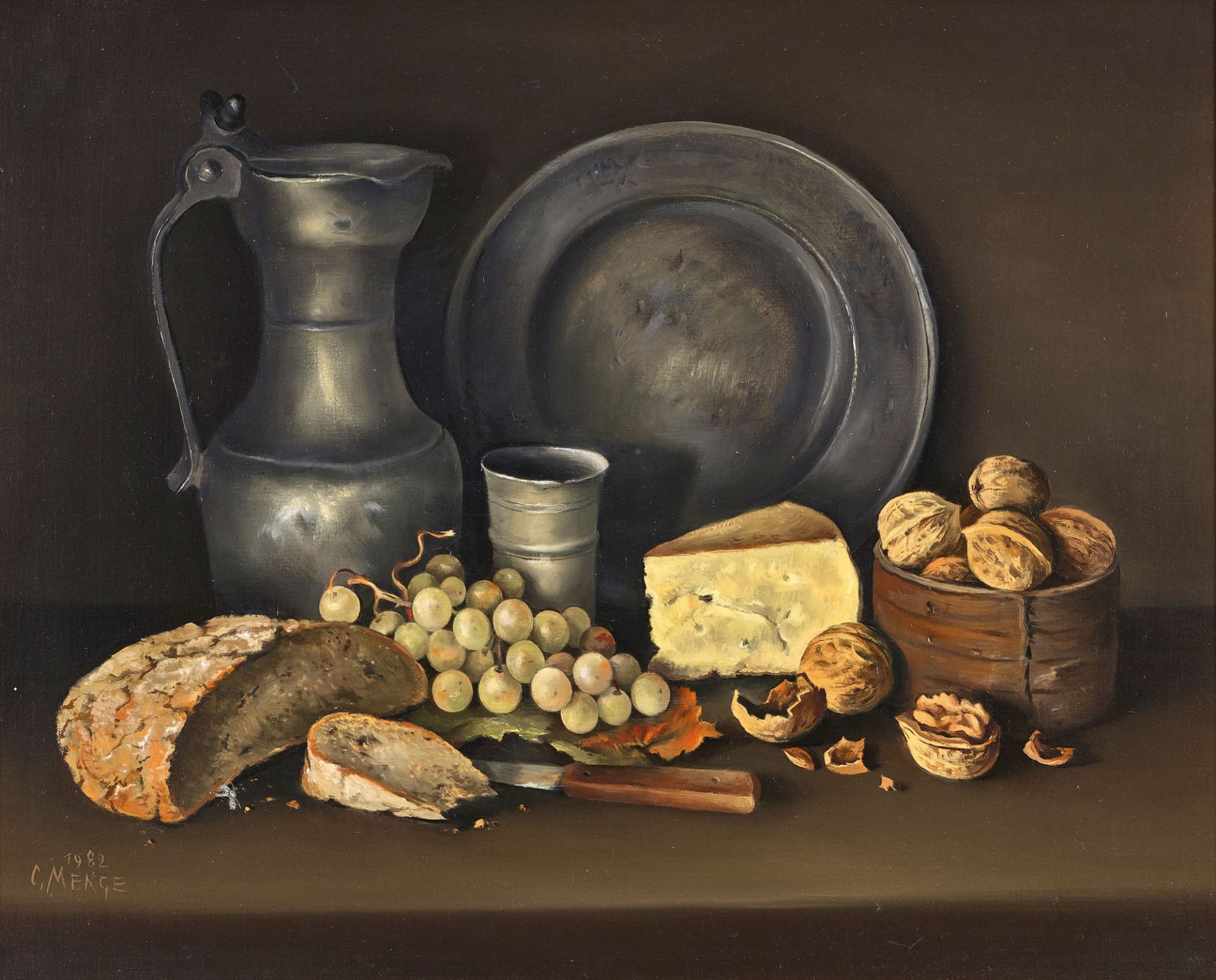 MENGE, CHARLES: Stillleben mit Brot, Käse, Trauben, Nüssen und Zinngeschirr.