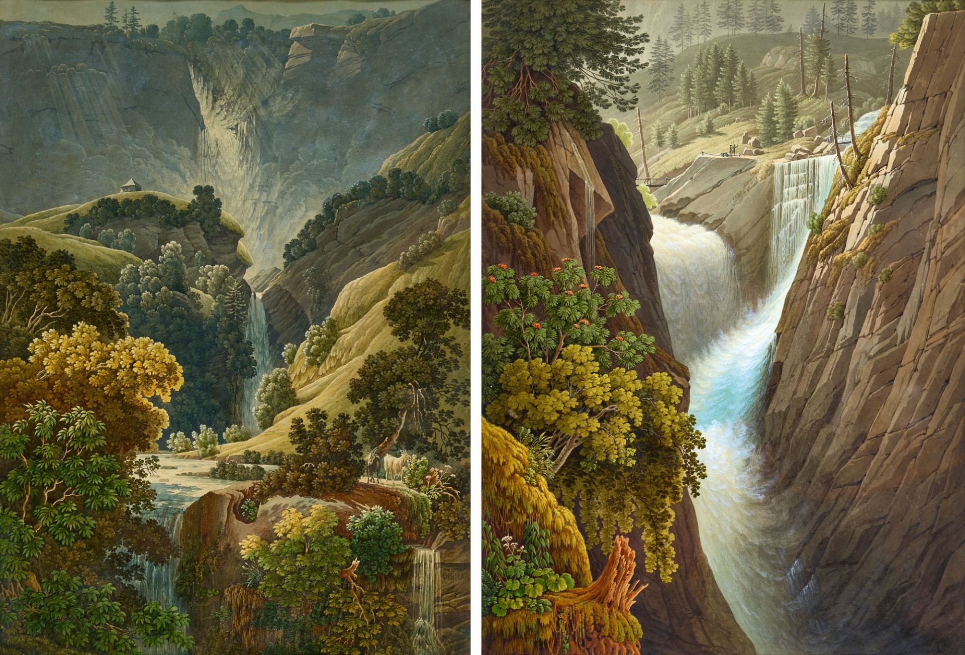 BIRMANN, SAMUEL: Paar Ansichten mit Wasserfall.