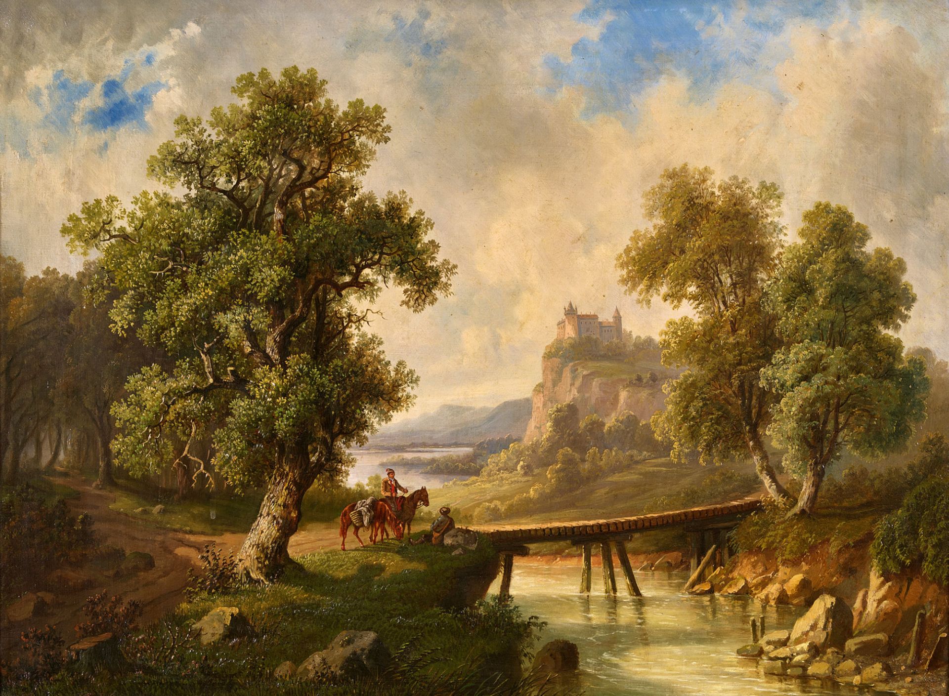 DEUTSCHLAND, 19. JH.: Landschaft mit Burg und rastenden Säumern bei einem Steg.