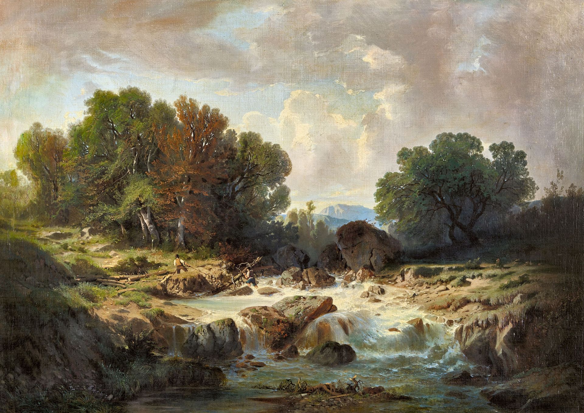 CASTAN, GUSTAVE EUGÈNE: "Paysage avec torrent et bucherons (le nettoyage du torrent)".